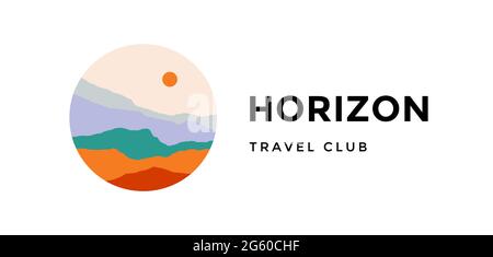 Logo, logotipo, segno. Horizon, club di viaggio. Logo con vista panoramica astratta su montagne, cielo e tramonto. Vista panoramica in stile minimalista, montagna, collina e sole. Stile astratto. Illustrazione vettoriale Illustrazione Vettoriale