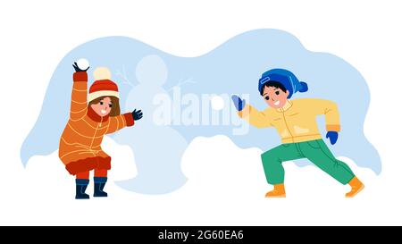 I bambini giocano con Winter Snow Balls Together Vector Illustrazione Vettoriale