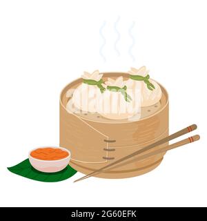 Gnocchi cinesi Dimsum in cesto di bambù vaporiera. Icona vettore isolata in bianco Illustrazione Vettoriale