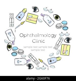 Banner lenti a contatto per ambulatorio oftalmologico o pubblicità negozio lenti. Modello di disegno vettoriale con occhi cartoni animati, lenti e prodotti sanitari. Illustrazione Vettoriale