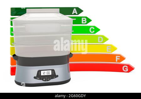 Fornello a vapore con grafico a risparmio energetico, rendering 3D isolato su sfondo bianco Foto Stock