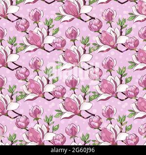 Sfondo senza giunture, ramo di una primavera fioritura fiori albero Magnolia, modello di affiancamento. Vettore Illustrazione Vettoriale