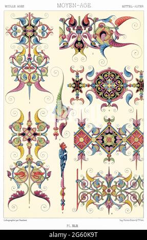 Medioevo - XIV secolo, Illuminazioni manoscritte - San Tommaso d'Aquina´s Libro, Cimabue e Giotto ecc - dall'Ornament 1880. Foto Stock