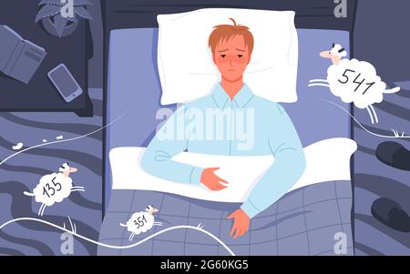 Cartoon triste carattere malato ragazzo con la psicologia disturbi del sonno, depressione cercando di dormire sfondo. Insonnia notte problema medico di giovane uomo Illustrazione Vettoriale