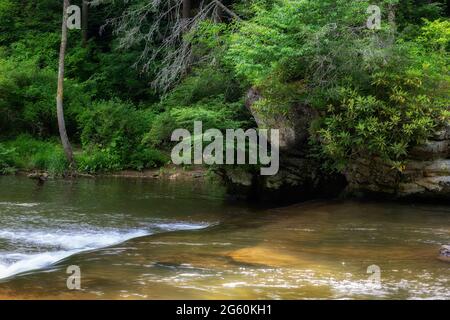 Geologia, foresta e cascata possono essere visti lungo il fiume Elk nella Pisgah National Forest nel North Carolina. Foto Stock