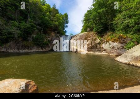 Geologia, foresta e cascata possono essere visti lungo il fiume Elk nella Pisgah National Forest nel North Carolina. Foto Stock