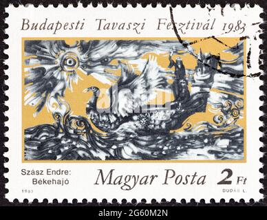 UNGHERIA - CIRCA 1983: Un francobollo stampato in Ungheria dal 'Festival di primavera di Budapest' mostra nave della Pace (Endre Szasz), circa 1983. Foto Stock
