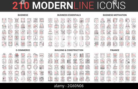 Motivazione di finanza di affari, commercio in linea sottile rosso linea nera icona insieme di illustrazione del vettore. Costruzione lavori, successo processi di sviluppo finanziario sito web delineare simboli raccolta Illustrazione Vettoriale