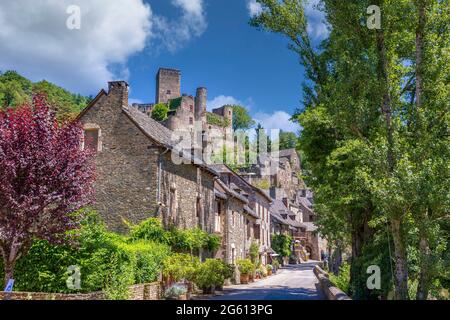 Francia, Aveyron, Villaggio di Belcastel, ex tappa sulla strada per Saint-Jacques-de-Compostelle, Villaggio etichettato come uno dei più bei villaggi in Francia, nel cuore del villaggio Foto Stock