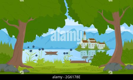 Paesaggio verde estivo con piccola città sull'isola del lago, castello o chiesa e montagna illustrazione vettoriale. Cartoon paesaggio fiabesco panorama, tradizionale case europee sfondo Illustrazione Vettoriale