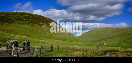 I pilastri in pietra e la recinzione metallica a 5 bar offrono protezione e un ponte su una piccola ustione sulla B709 tra Eskdalemuir ed Ettrick Foto Stock