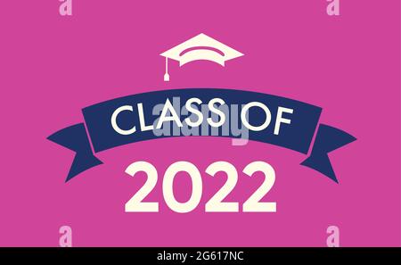 Classe di 2022 con tappo graduato. Design semplice e piatto su rosa Illustrazione Vettoriale