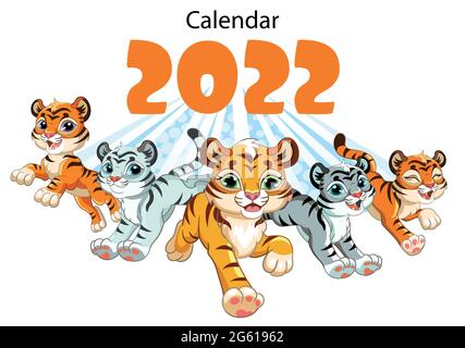 Desktop orizzontale bambini calendario coprire design per il 2022, l'anno della Tiger nel calendario cinese. Simpatici personaggi tigri in esecuzione. Illu. Vettore Illustrazione Vettoriale