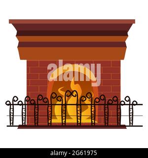 Camino con fuoco all'interno della griglia. Un elemento dell'interno di un soggiorno. Illustrazione vettoriale stile cartoon isolato Illustrazione Vettoriale