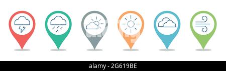 Segni colorati delle previsioni meteo su sfondo bianco. Vettore icona calendario. Illustrazione Vettoriale