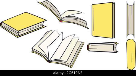 Grande set di libri gialli disegnati a mano da diverse angolazioni. Illustrazione del libro giallo per i bambini piccoli. Illustrazione Vettoriale