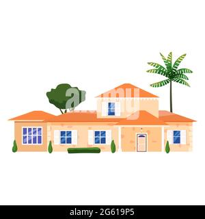 Palazzo residenziale casa edificio, alberi tropicali, palme. Casa facciate esterne vista frontale architettura famiglia moderna casa cottage contemporanea o. Illustrazione Vettoriale