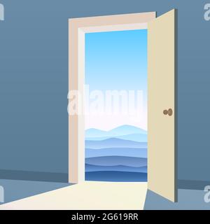 Porta aperta alla natura. Paesaggio minimo, simbolo libertà, nuovo modo di uscita, scoperta, opportunità. Concetto di motivazione per il mondo reale. Vettore Illustrazione Vettoriale