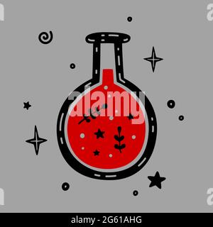 Flaconcino con pozione magica o flacone con veleno. Illustrazione vettoriale disegnata a mano da Halloween isolata su sfondo grigio Illustrazione Vettoriale