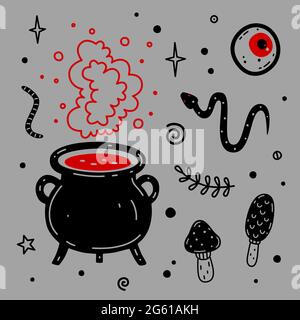 Cauldron, funghi, bulbo oculare, serpente disegnato a mano illustrazione vettoriale. Insieme di vettori di Halloween. Raccolta di attributi e simboli halloween Illustrazione Vettoriale