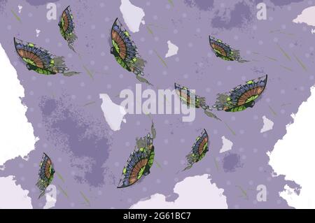Le farfalle in astratto si innalzano su uno sfondo puzzato di viola mutato. I punti Polka si mescolano in lilla più morbida attraverso tutta l'illustrazione. Foto Stock