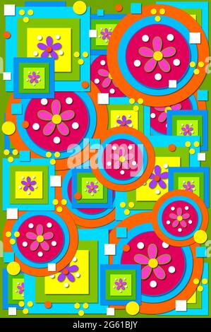 Geometric shapes of circles, squares fill background image.  Cool colors of green, blue, pink and orange are layered on a purple background. Foto Stock
