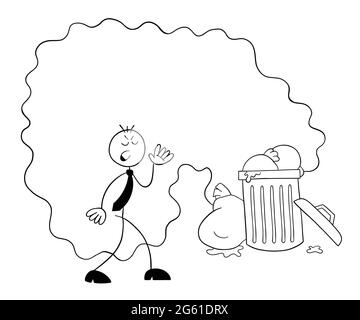 Stickman personaggio uomo d'affari disgustato dall'odore di spazzatura, vettore cartoon illustrazione. Contorno nero e colore bianco. Illustrazione Vettoriale