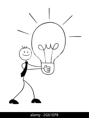 Stickman personaggio uomo d'affari camminare e portare un'idea lampadina, vettore cartoon illustrazione. Contorno nero e colore bianco. Illustrazione Vettoriale