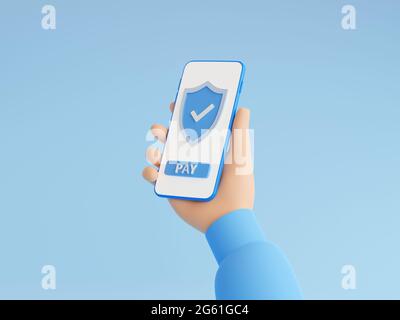 Pagamento online sicuro immagine di rendering 3d con il telefono cellulare portatile con schermo e pulsante di pagamento. Foto Stock