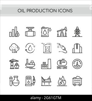 Set di illustrazioni vettoriali per la produzione di olio, serie di icone piatte a linea sottile per l'estrazione di giacimenti petroliferi, il trasporto, i simboli degli impianti di raffineria Illustrazione Vettoriale