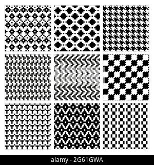 Insieme di illustrazioni vettoriali con motivo geometrico senza giunture. Collezione di geometrie moderne e decorate astratte in bianco e nero. Geometria ripetuta Illustrazione Vettoriale