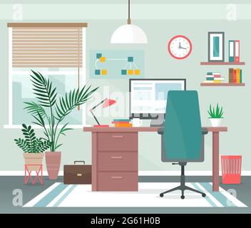 Home Office Workplace illustrazione vettoriale, cartone animato appartamento interno con computer su tavolo per lavoro freelance a distanza Illustrazione Vettoriale