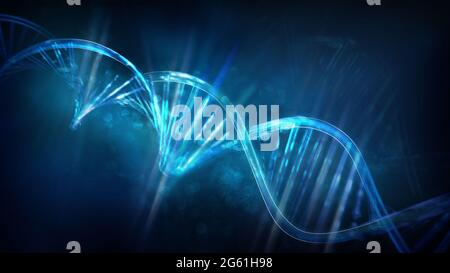 Scintillanti filamenti di DNA su sfondo blu scuro, rendering 3D. Foto Stock