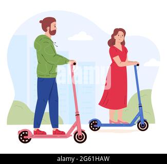 Uomo e donna che cavalcano scooter elettrici a piedi. Illustrazione Vettoriale