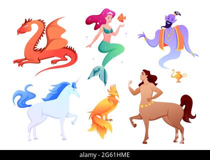 Set di creature fantasy mitiche, collezione di mitologia cartoni animati Illustrazione Vettoriale