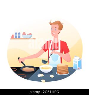 Il giovane cucinano pancake in cucina, al mattino, frittelle dolci per la colazione. Happy guy cuoce frittelle, cartoon piatto illustrazione. Illustrazione Vettoriale