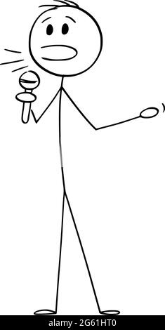 Altoparlante per conferenza pubblica o persona che parla con il microfono, illustrazione di un personaggio vettoriale del bastone per cartoni Illustrazione Vettoriale