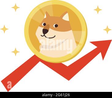 Criptovaluta Dogecoin sullo sfondo del grafico ascendente senza linee principali. Illustrazione vettoriale isolata su sfondo bianco. Illustrazione Vettoriale