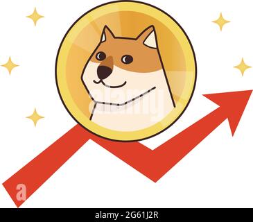 Criptovaluta Dogecoin sullo sfondo del grafico ascendente. Illustrazione vettoriale isolata su sfondo bianco. Illustrazione Vettoriale