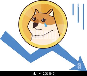 Criptovaluta Dogecoin sullo sfondo del grafico a discesa. Illustrazione vettoriale isolata su sfondo bianco. Illustrazione Vettoriale