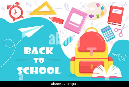 Torna a scuola lettering illustrazione vettoriale, cartoon flat poster template o web banner design con forniture di strumenti universitari, libro di scuola e matita Illustrazione Vettoriale