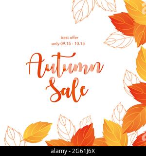 Autunnale vendita lettering illustrazione vettoriale, cartoon piano autunnale giallo arancio secco foglie telaio promo poster con offerta speciale, shopping Illustrazione Vettoriale