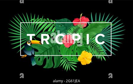 Illustrazione vettoriale di dima per stampa tropicale con foglie e fiori luminosi, sfondo bouquet estivo, composizione floreale con testo. Illustrazione Vettoriale