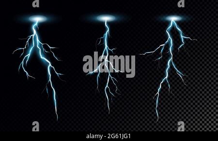 Lightning bolts Set di illustrazioni vettoriali realistiche. Scarica elettrica Thunderstorm isolata su sfondo trasparente. Fenomeni naturali, blu Illustrazione Vettoriale
