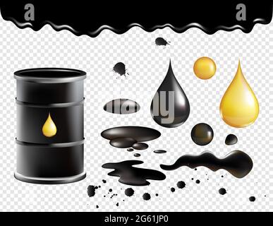 Simboli benzina set di illustrazioni vettoriali, olio nero realistico liquido gocciolante lucido, contenitore in metallo nero con oggetti goccia d'oro Illustrazione Vettoriale