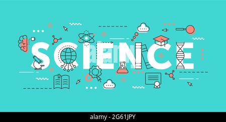 Scienza parola sottile vettore illustrazione con conoscenza scientifica e ricerca simboli educativi, scuola, università oggetti di istruzione Illustrazione Vettoriale