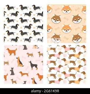 Cane animali domestici senza giunture illustrazioni vettoriali modello, cartone animato cute piatto animale sfondo set con nero marrone doggy o divertente cucciolo viso design per Illustrazione Vettoriale