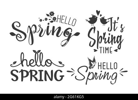 Ciao primavera disegno disegnato a mano caratteri logo vettore illustrazione set con simboli stagione Illustrazione Vettoriale
