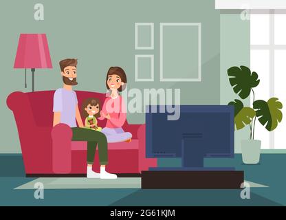 Illustrazione vettoriale famiglia con bambino seduto sul divano, guardare la TV insieme, tempo di famiglia a casa. Rimanere a casa e l'assistenza sanitaria durante la quarantena Illustrazione Vettoriale