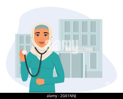 Musulmano arabo lavoratore medico, il medico sta tenendo uno stetoscopio nelle sue mani. L'ospedale è in background. Virus e trattamento influenzale e. Illustrazione Vettoriale